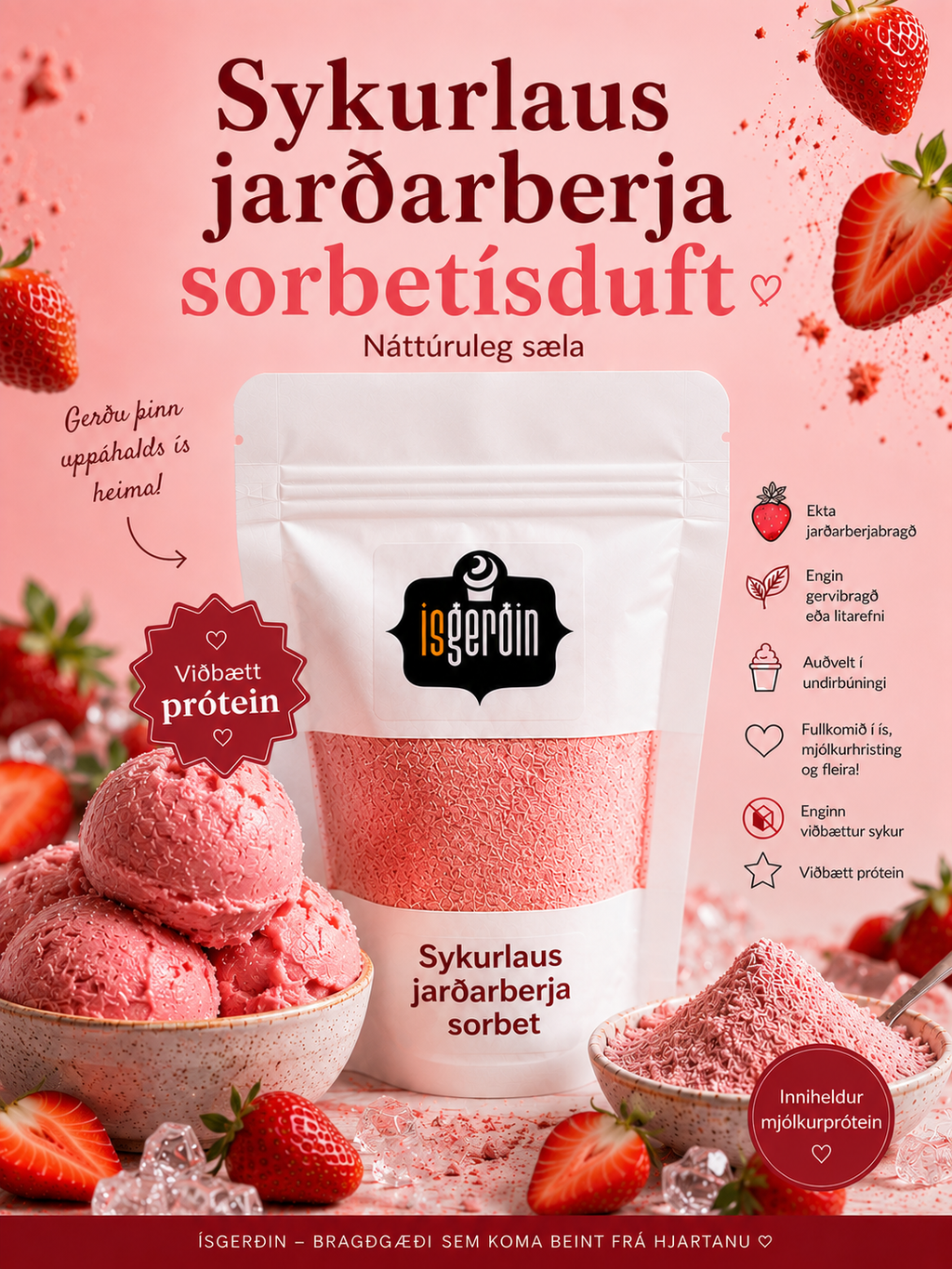 Ísduft - Jarðaberjasorbet sykurlaus m.próteini